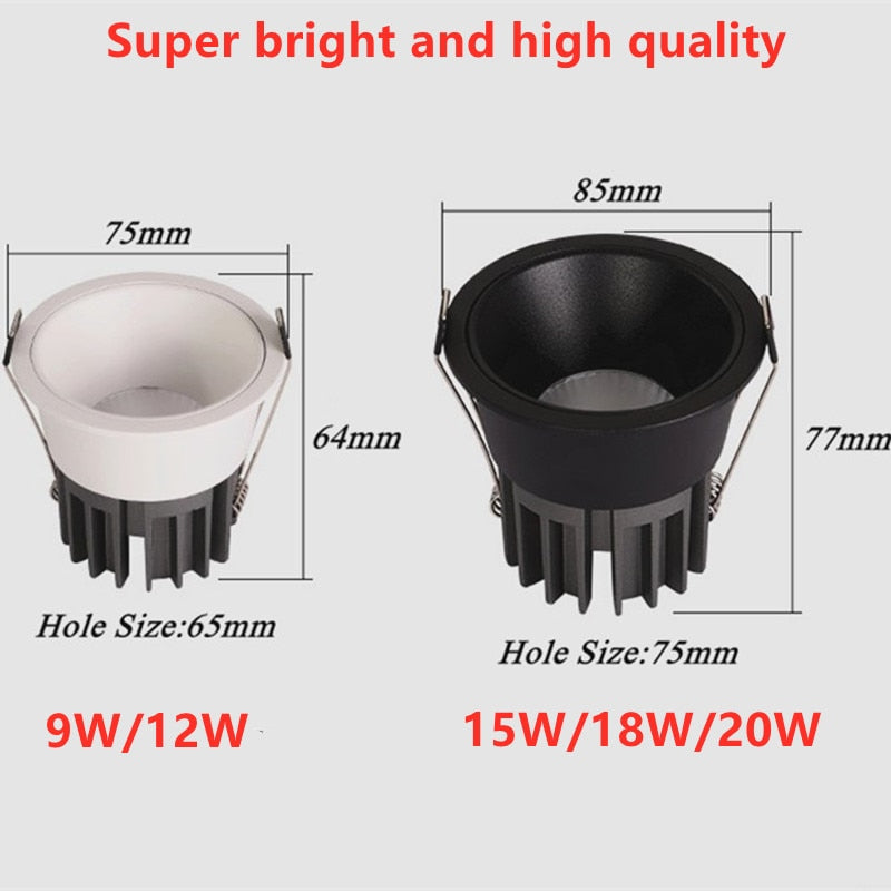 Dimmable anti-glare COB LED downlight, ceiling light, backlight, indoor lighting, AC85-265V, 9W / 12W / 15W / 18W / 20W