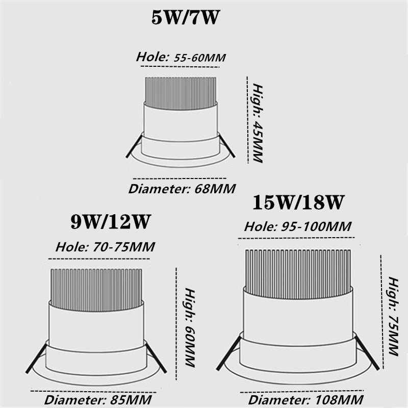 Round dimmable embedded LED downlight 5W 7W 9W 12W 15W 18W COB LED ceiling light spotlight AC110-220V indoor lighting