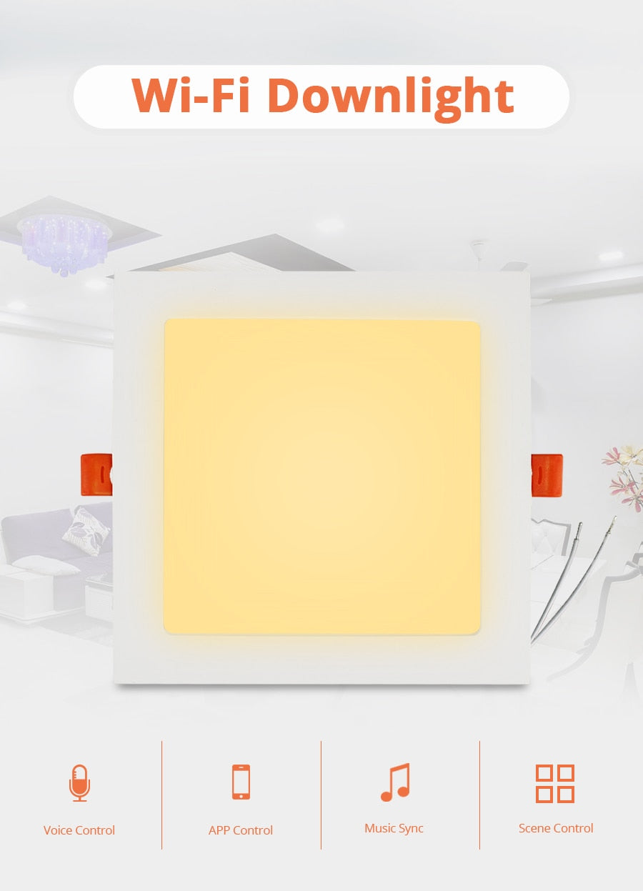 Benexmart Tuya WiFi 15w Led Smart Downlight RGBW Recessed Ceiling Light with Square Panel Alexa Google Home Voice Control