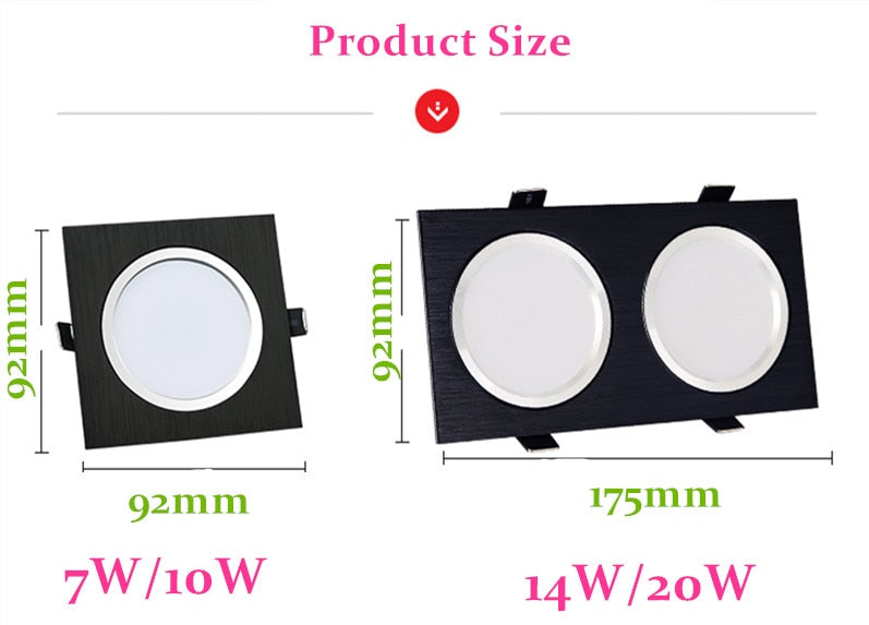Square Bright Dimmable Downlights 7W 10W 14W 20W LED Ceiling lamp recessed COB Ceiling Spot lights ac85-265V LED Indoor Lighting