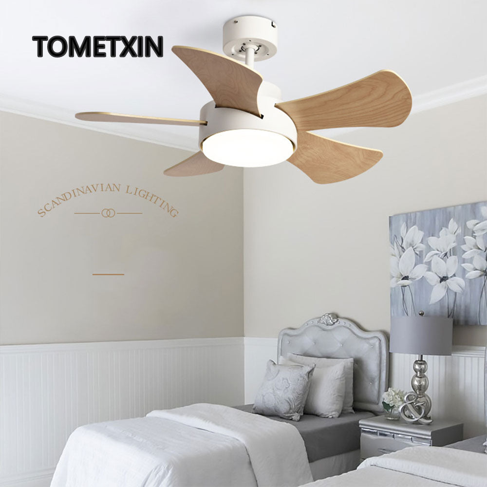 Wood Children's room ceiling fan lamp with lights remote control living room dining room kitchen Nordic wooden fans