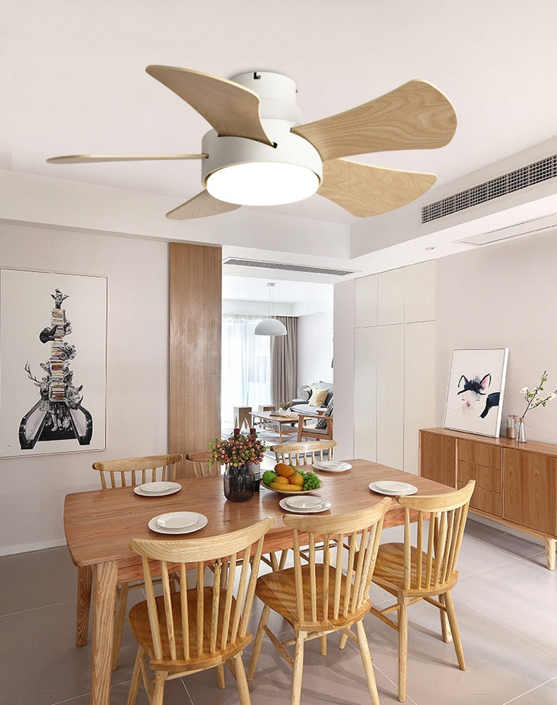 Wood Children's room ceiling fan lamp with lights remote control living room dining room kitchen Nordic wooden fans