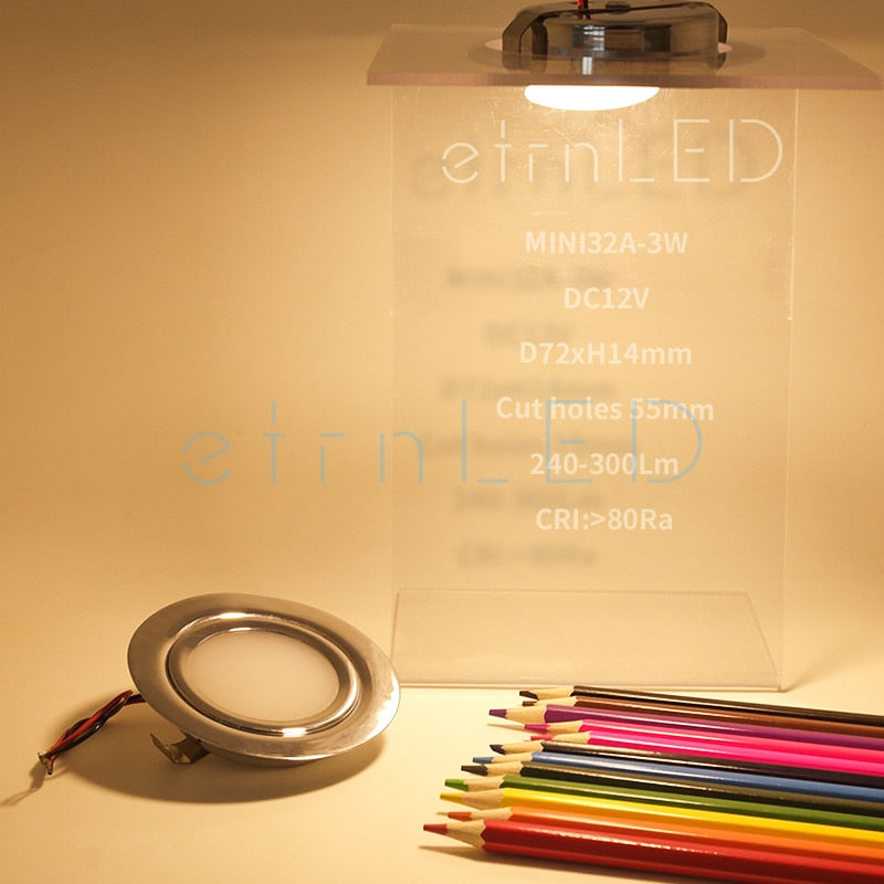 etrnLED Waterproof Spotlight Ultra Thin Recessed Led Downlight 12V 3W IP65 Cabinet Closet Bathroom Veranda Sauna Light Ceiling