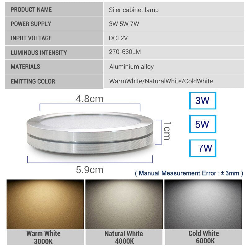 LED DownLight DC12v 3W Under Cabinet Wardrobe Showcase Lamp with Wire 3M back glue or screw installation Kitchen Dome Light