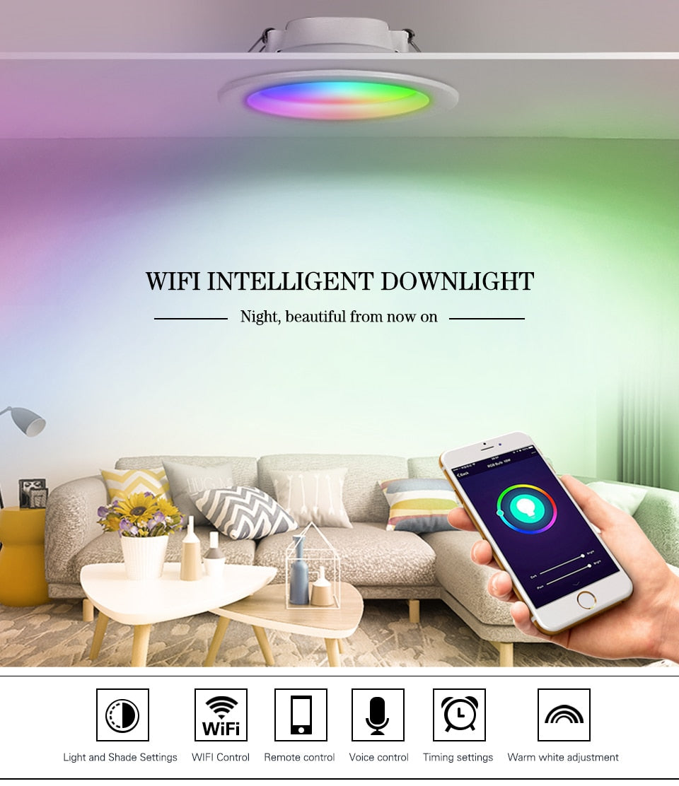 ZigBee RGB Smart LED Downlight Dimming Round Spot Light 7W 9W RGB + Warm + White Color Changing Light Works Alexa AC110-250V