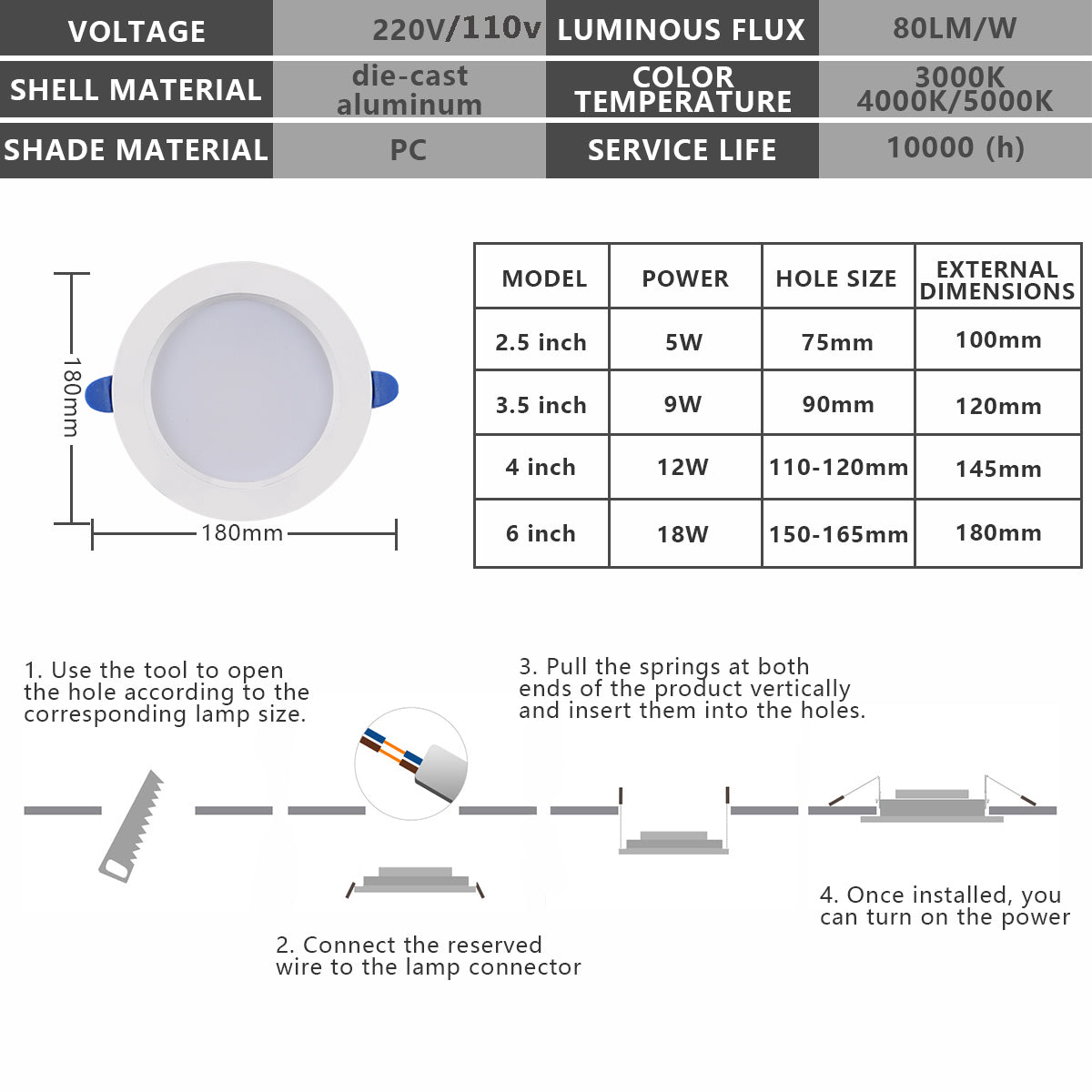 LED Downlight 5W/9W/12W/18W Spotlight Ceiling Light Recessed lamp 110v/220v