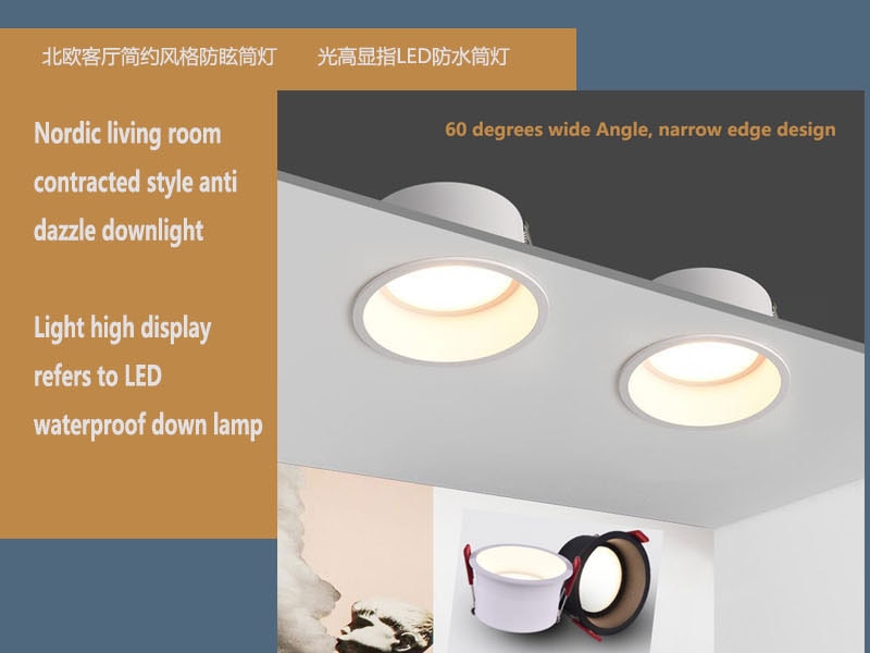 Frameless angle adjustable embedded LED downlight 5W 7W 12W 20W dimmable deep glare LED ceiling spotlights home lighting