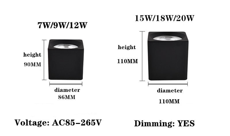 Super bright square surface mounted LED dimming downlight 7W 9W 12W 15W 18W 20W COB LED ceiling light spotlight AC110-220V