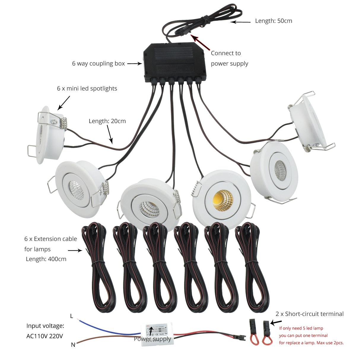 Mini LED Spot Downlights Lamp Set Ceiling Recessed 3W x 6 pcs COB 40mm Hole Silvery Black White 4m Long cord Cabinet Lights kit
