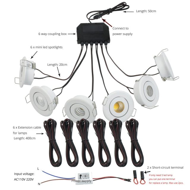Mini LED Spot Downlights Lamp Set Ceiling Recessed 3W x 6 pcs COB 40mm Hole Silvery Black White 4m Long cord Cabinet Lights kit