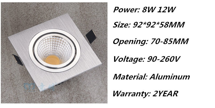 LED Square COB Downlight Dimmable AC 85-265V 7W 9W 12W Recessed Led ceiling lamp Spot light Bulbs Indoor Lighting