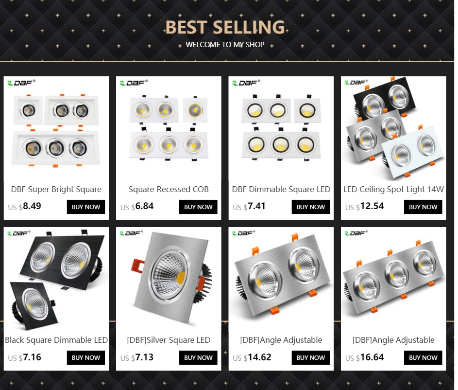 DBF Silver Square LED Recessed Downlight Dimmable 7W 9W 12W 15W with AC85-265V LED Driver Indoor Clothes Shop Ceiling Spot Lamp