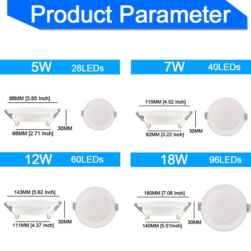 Ultra thin led downlight lamp 3w 5w 7w 12w 18w 2835SMD AC 220V 240V led ceiling recessed grid downlight slim round panel light