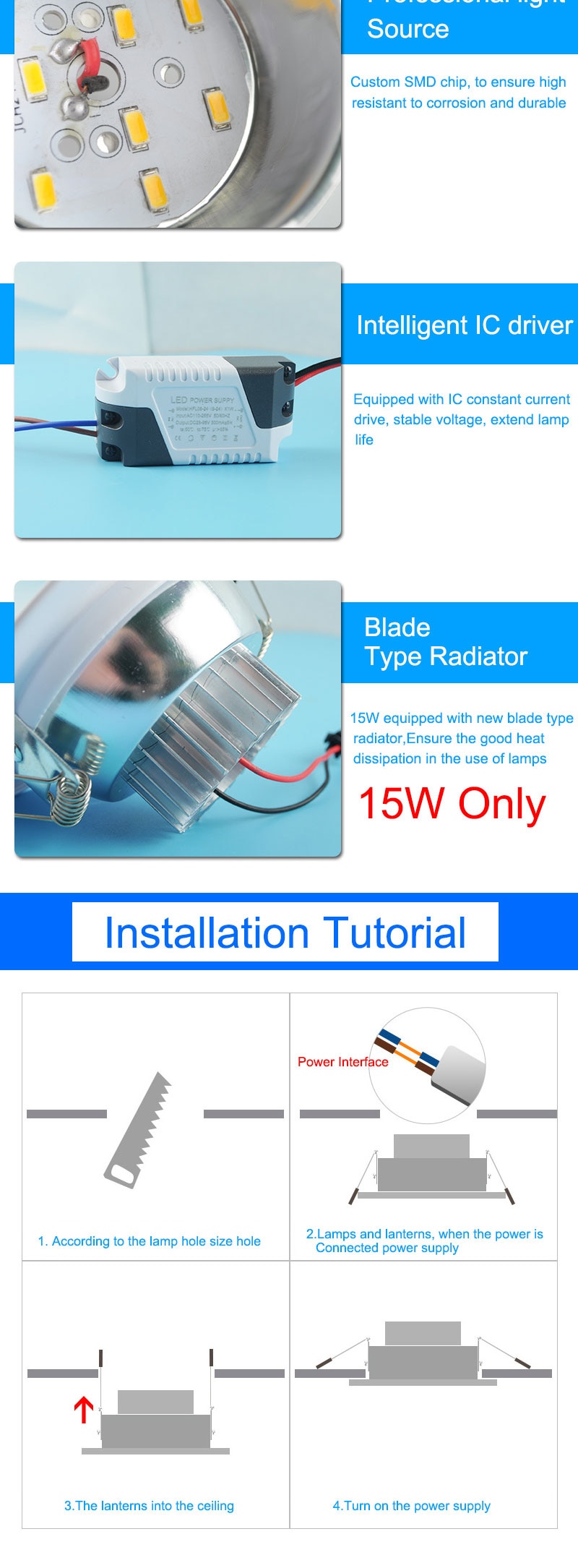 Silver White Frosted Surface LED Downlight 5w 10w 15w Round Ceiling Recessed Light 110v 220v Down Light Lamp Kitchen Restaurant