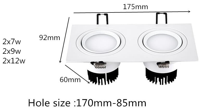 LED double Light Square 14W 18W 24W cob Led dimmable Downlight Recessed Led Ceiling Spot Light Lamp Indoor AC85-265V