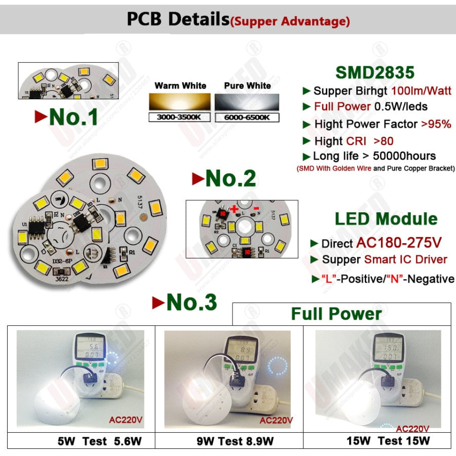 Downlight led pcb smd2835 integrated IC driver, lighting/ lamp source 3W 5W 7W 9W 12W 15W 18w AC 220V for bulb light, downlight Diy