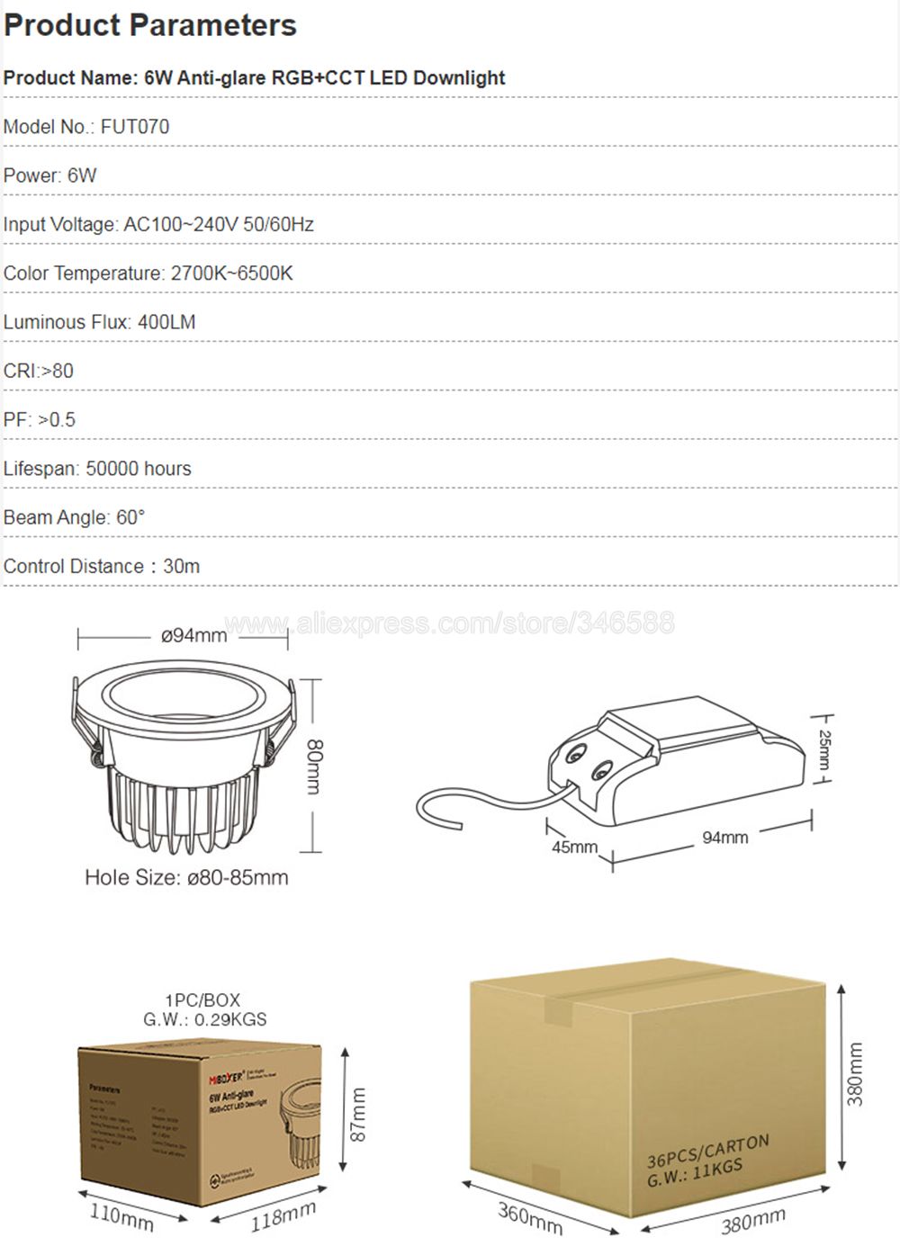 MiBoxer FUT070 6W Anti-glare RGBCCT Adjustable LED Downlight Recessed Ceiling Light AC 110V 220V 2.4G RF Remote WiFi APP Control