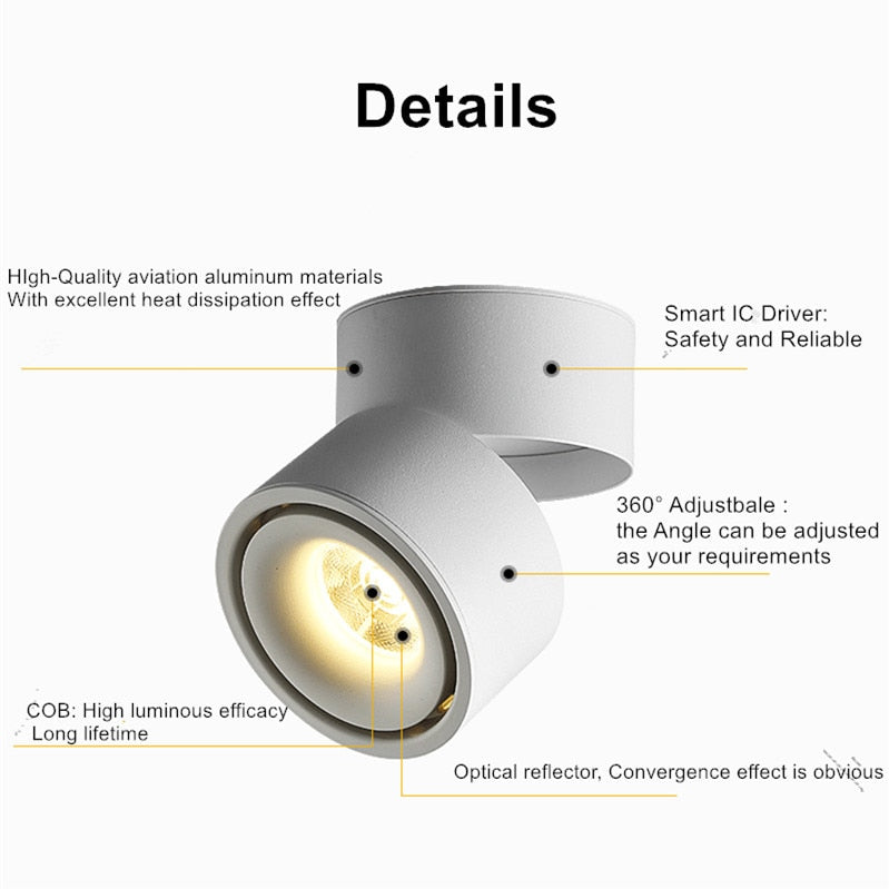 DBF Angle Adjustable Ceiling No-Cut Surface Mounted Downlight 7W 10W 12W 15W LED Ceiling Spot Light for Kitchen Bedroom Decor