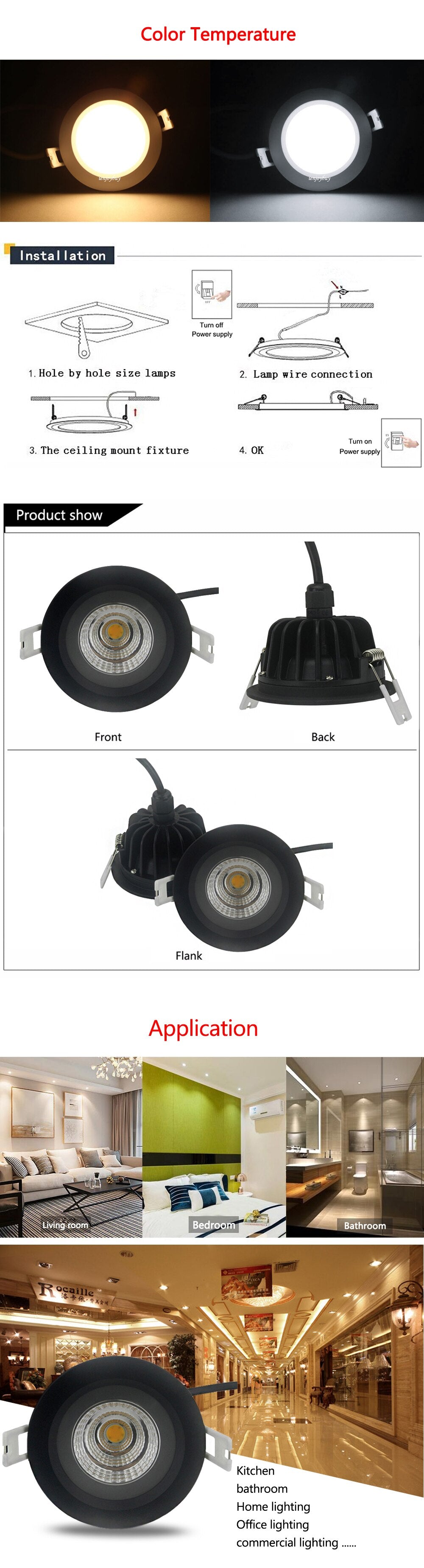 Dimmable Waterproof Led Down light COB Ceiling Spot Light 5w 7w 9w 12w ceiling recessed Lights Warm Cool White Indoor Lighting