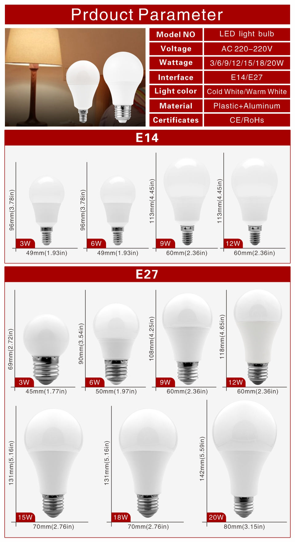 LED Bulb E27 E14 20W 18W 15W 12W 9W 6W 3W 4pcs/lot Lampada LED Light AC 220V Bombilla Spotlight Lighting Cold/Warm White Lamp