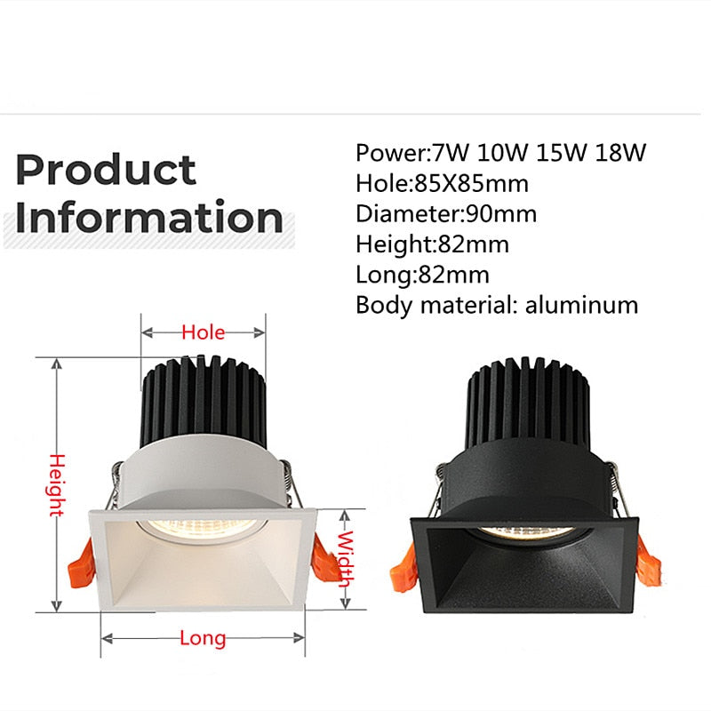 Super Bright Recessed square LED Dimmable Downlight COB 7W 10W 15W 18W LED Spot light LED decoration Ceiling Lamp AC85-265V