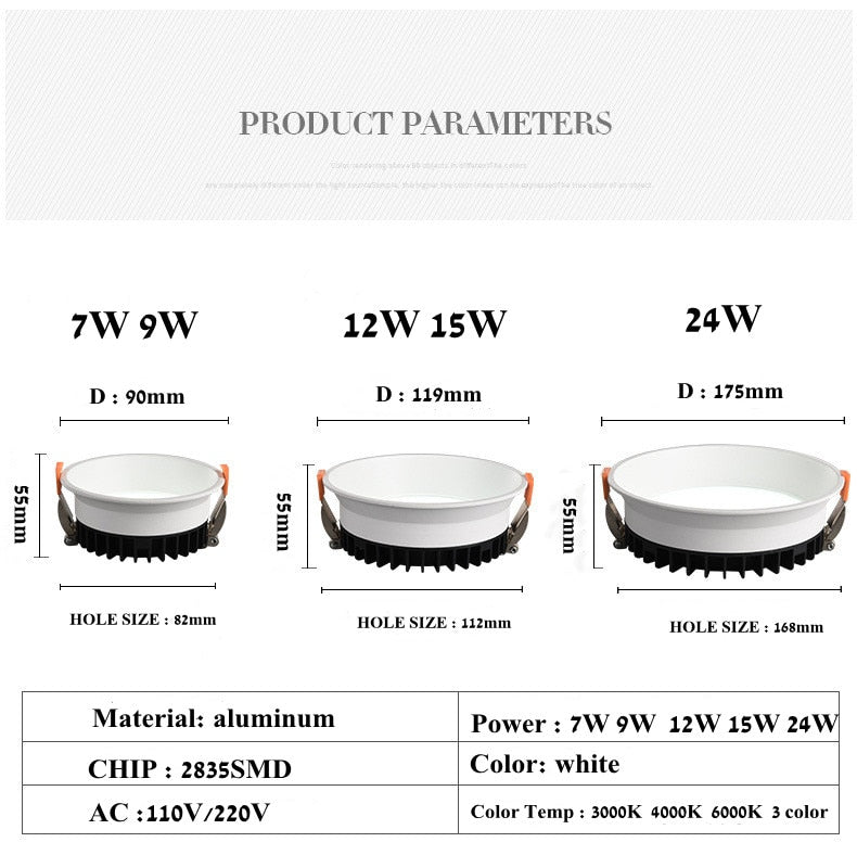 Frameless 3 Light Temperature Anti Glare Recessed Downlight 7W 10W 12W 15W 24W Round LED Ceiling Spot Light Pic Background