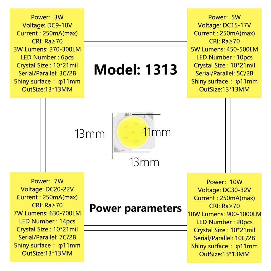 LED COB Light Beads 1313 10pcs a lot 3W/5W/7W/10W 6500K/4000K/3000K LED lamp Bead LED Bulb Chip Spot Light Downlight Diode Lamp