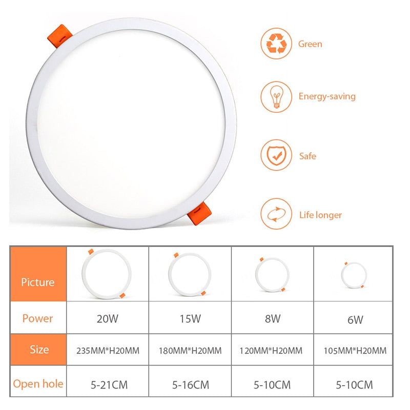 Ultra-thin LED Panel Lamp Recessed Square/Round Ceiling Downlight 6W 8W 15W 20W Living Room Bathroom Indoor Spot Lights AC220V