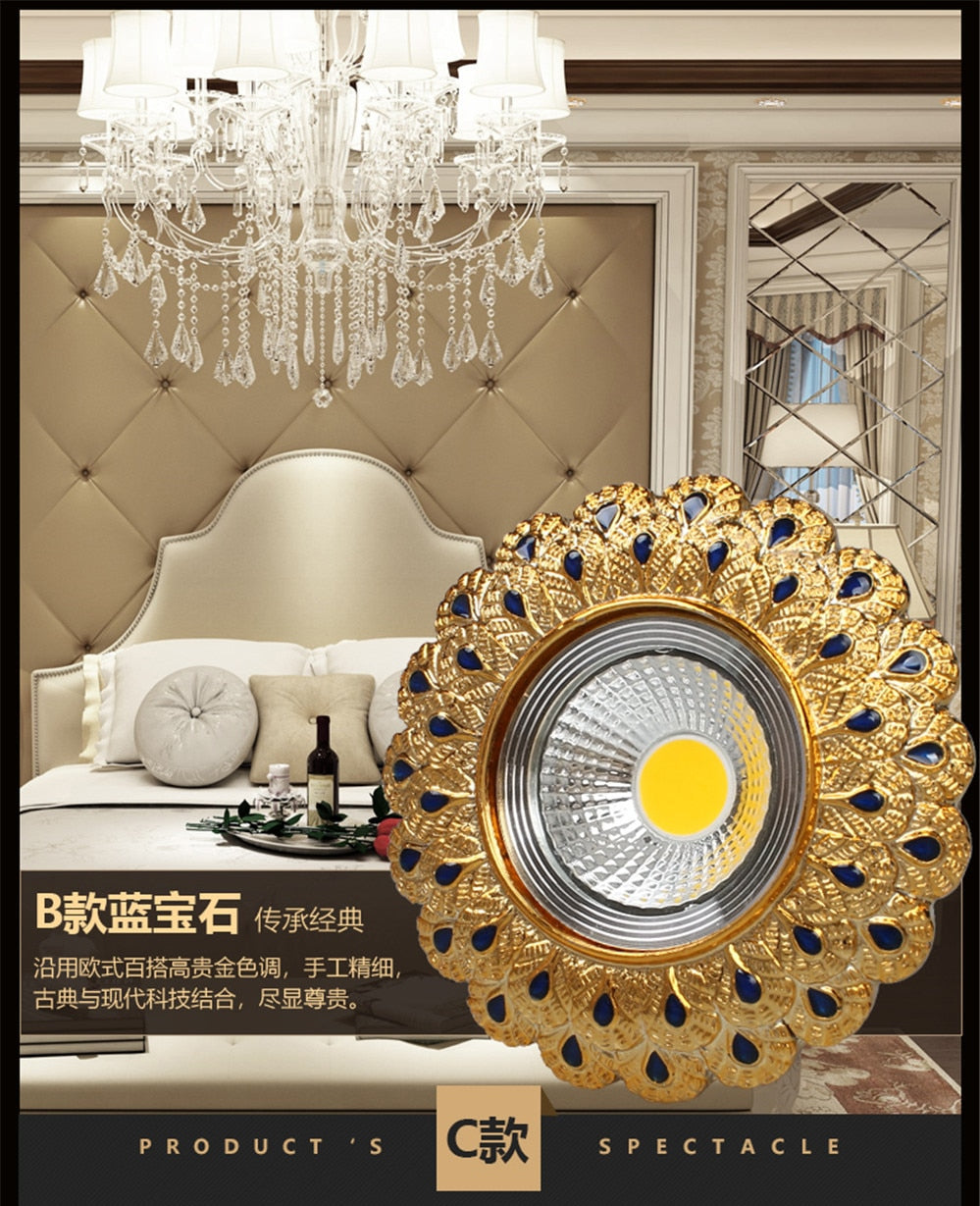 Europe Luxury Gold Resin Peacock Feather Embedded Downlights 3W 5W 110V 220V Open Hole 6Cm Corridor Led Lamp Foyer Art Spotlight