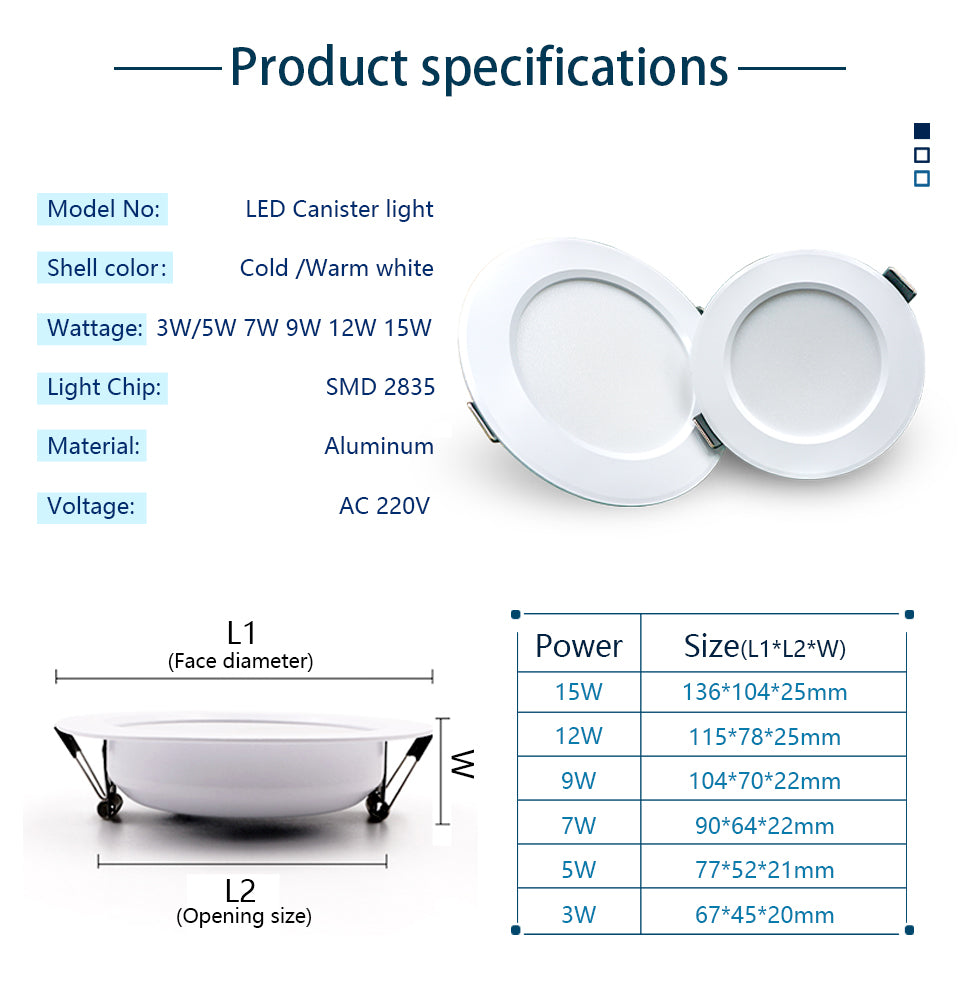 Led Downlight 220v Led Ceiling Light 3W 5W 7W 9W 12W 15W Recessed Downlights Round Led Panel Light Spotlight Indoor Lighting