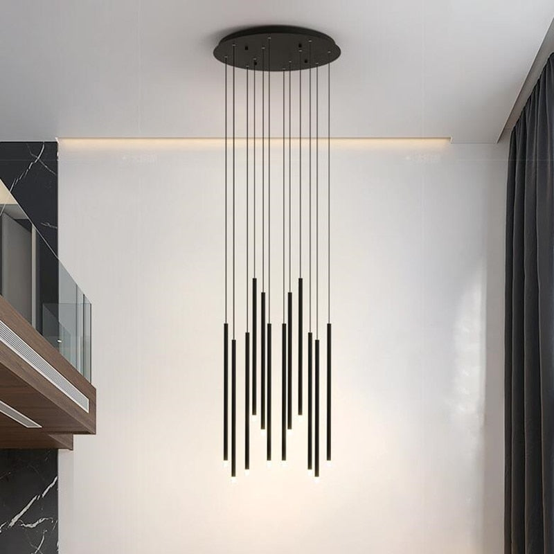 New LED Chandelier Lighting Modern for Staircase Living Room Dining Industrial Pendant Lamp Loft Villa Black Long Downlight
