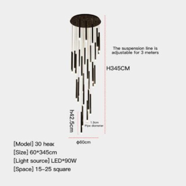 New LED Chandelier Lighting Modern for Staircase Living Room Dining Industrial Pendant Lamp Loft Villa Black Long Downlight