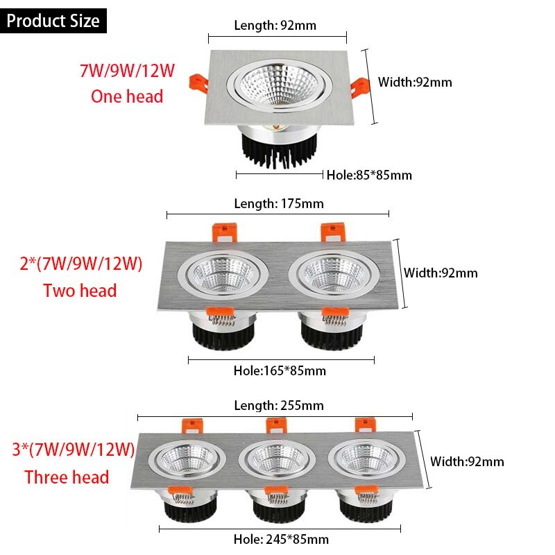 Square Recessed LED Dimmable Downlights Panel Lights AC90~260V COB LED Spotlights LED Recessed Ceiling Lamps Indoor Lighting