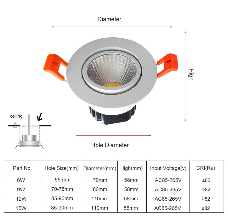 DBF Anti-glare Recessed Ceiling Spot Light Dimmable 6W 9W 12W 15W LED COB Downlight with AC85-265V LED Transformer Home Decor