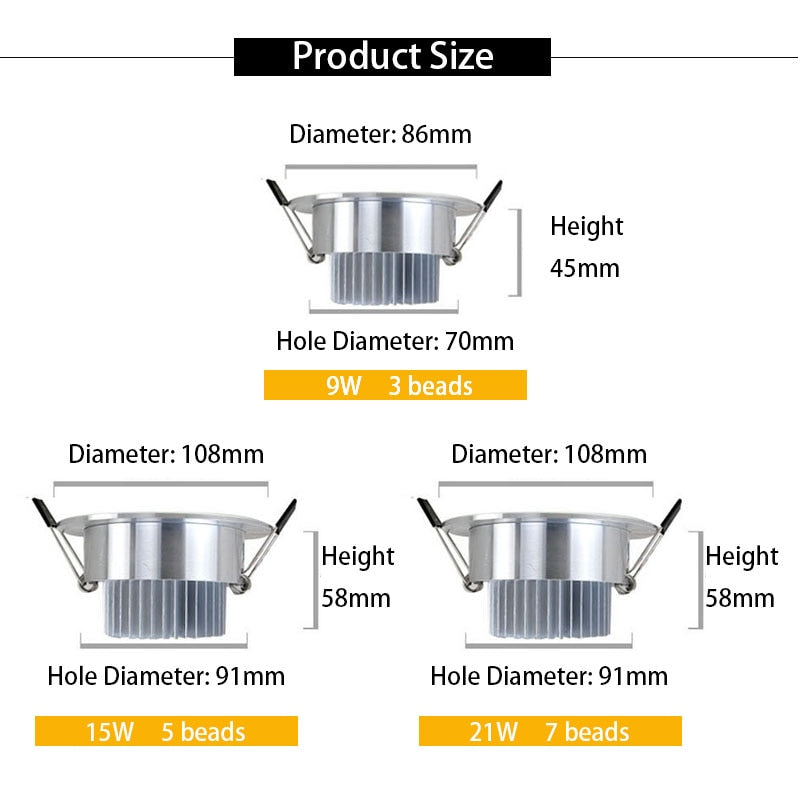 Round LED Recessed Dimmable Ceiling Downlights Aluminum LED Ceiling Light COB AC90V-260V 9W 12W 15W LED Spotlight Background Lamp