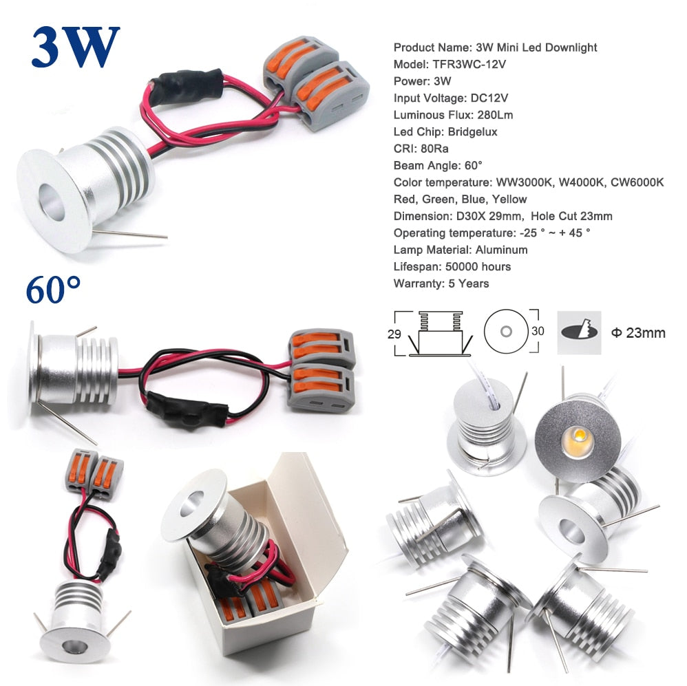 Mini LED Lamps for Hotel Dining Spot Light Cabinet Kitchen Lighting Lamp CE RoHS 1W 2W 3W 4W DC 12V 24V Ceiling Downlight