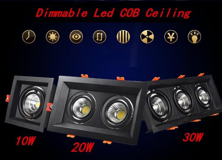 Super Bright Recessed square LED Dimmable Downlight COB 10w 20W 30w LED Spot light LED decoration Ceiling Lamp AC110V 220V