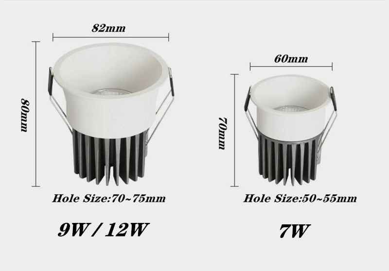 Super Bright Anti Glare Recessed Dimmable COB LED Downlights 7W 9W 12W LED Ceiling Spot Lights AC85~265V Background Lighting