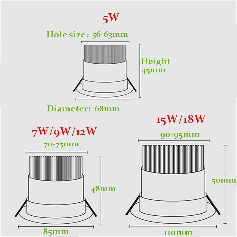 Dimmable Recessed LED Downlights 5W 7W 9W 12W 15W 18W COB LED Ceiling Spot Lights 110-240V LED Ceiling Lamps Indoor Lighting