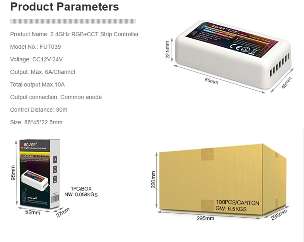Milight MiBoxer FUT039 RF Dimmable RGB CCT 2A*5CH Led Controller For RGB/RGBCW/RGBWW/RGB+CCT Led Strip/Bulb/Downlight DC12-24V