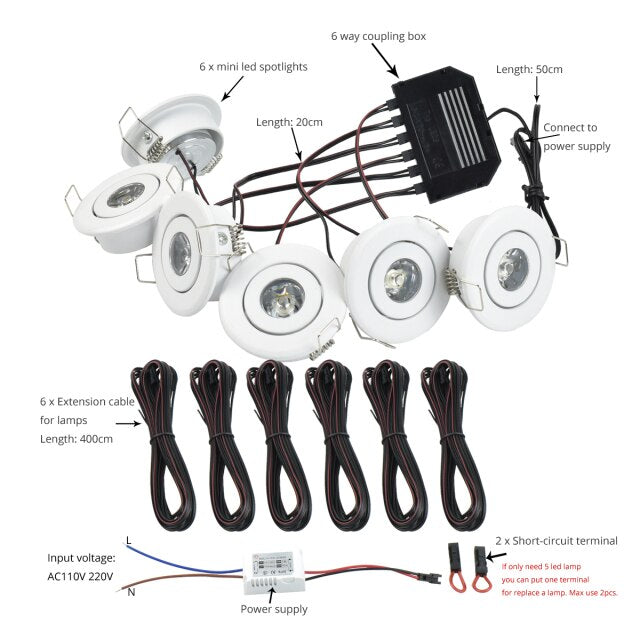 Mini LED Spot Downlights Lamp Set Ceiling Recessed 40mm Hole Silvery Black White 1W x 6 pcs 4m Long cord Cabinet Lights full kit