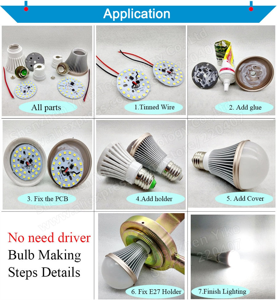 LED Downlight 3W 5W 7W 9W 12W 15W AC 220v led pcb smd2835 smart IC driver with 20cm wire for bulb light, driverless led bead for downlight