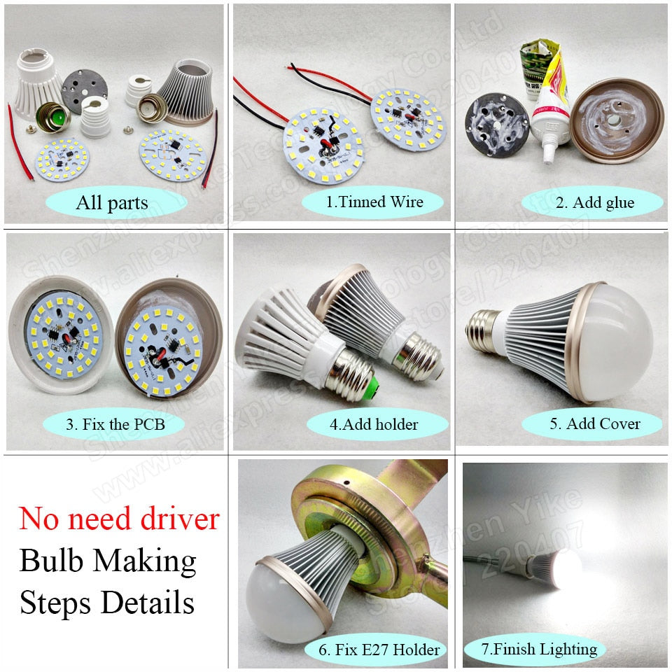LED Downlight 3W 5W 7W 9W 12W 15W AC 220v led pcb smd2835 smart IC driver with 20cm wire for bulb light, driverless led bead for downlight