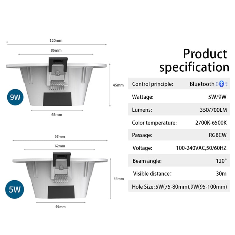 Bluetooth Smart LED Downlight Dimming Round Spot Light 5W 9W RGB 6pcs/lot Color Changing Warm Cold light Work With 110V 220V