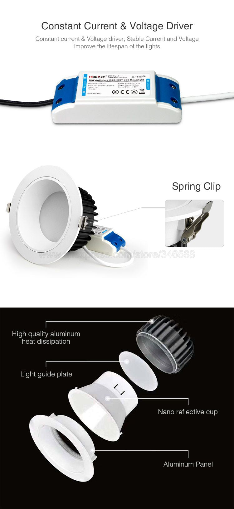 MiBoxer FUT072 18W Anti-glare RGBCCT Smart LED Downlight AC110V 220V 2.4G RF Wireless Remote WiFi APP Alexa Google Voice Control Spotlight LED