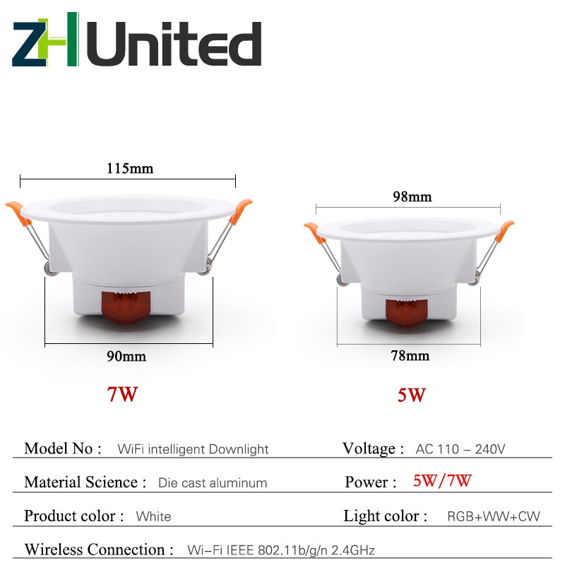 LED Smart Downlight Control Round Spotlight Intelligent Lamps Tuya 8pcs 5W/7W Smart light APP WiFi Ceiling RGB Warm Cold light