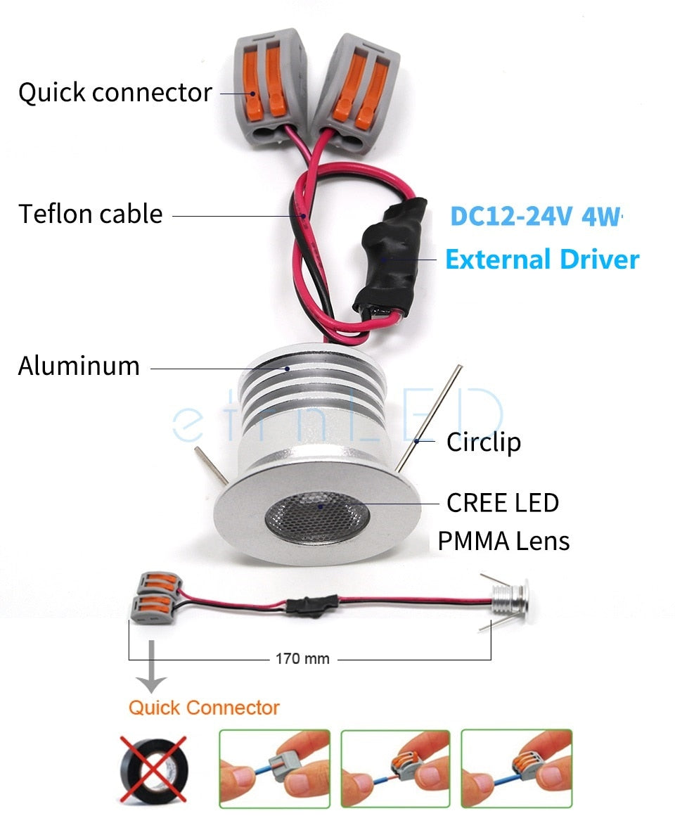 etrnLED 3W 4W Mini Led Spotlight Downlight 12V 24V Jewelry Display Ceiling Recessed Cabinet Spot Lamp with Driver Wire Connector