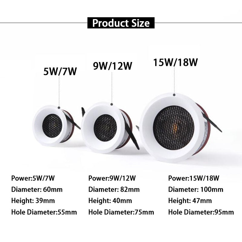 Dimmable LED Anti Glare Recessed Spotlight 5W/7W/9W/12W/15W/18W Honeycomb COB LED Ceiling Lamp Downlight for Indoor lighting