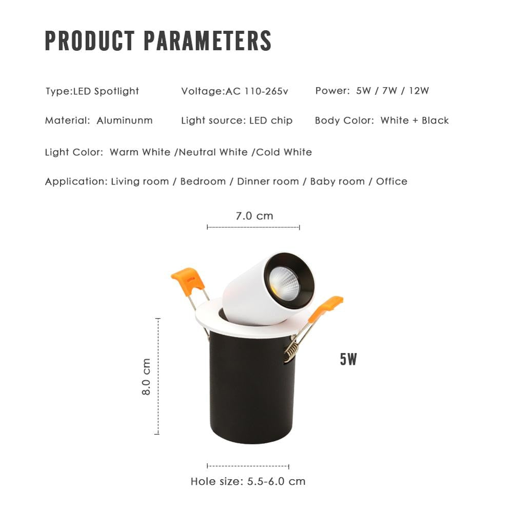 LED Downlight Rotatable Ceiling Spot Light Adjustable COB 5W 7W 12W Lamp Home Decor Showroom Clothing Store Lighting 110V 220V