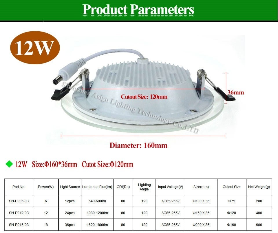 Dimmable LED Panel Downlight 6W 12W 18W 20 pcs Round glass ceiling recessed lights SMD 5730 Warm Cold White led Light AC85-265V